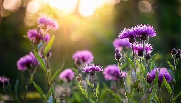 dark purple black knapweed blooms in summer forest sunlight sunlight detail