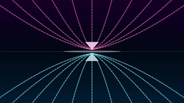 Abstract neon light rays converging on central point, digital motion animation 4k background, with pink and, blue geometric lines, and symmetry