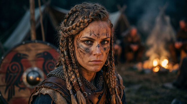 Viking shieldmaiden with braided hair and face paint. Scandinavian warrior woman in chainmail armor at camp. Norse history and Viking culture concept. Warrior preparing for battle.