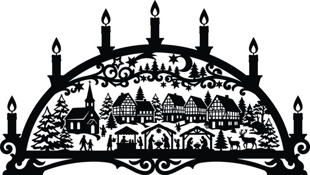 Traditional German Schwibbogen Christmas Candle Arch Silhouette with Nativity Scene and Winter Village
