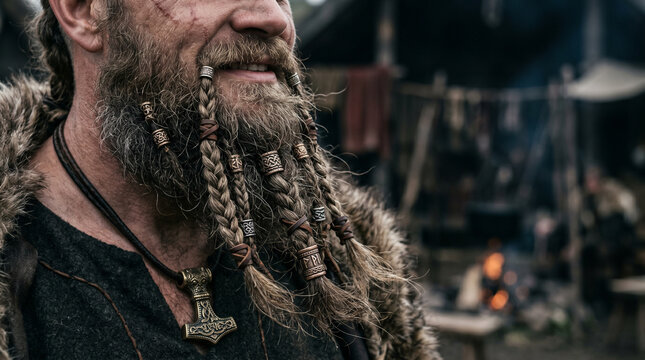 Viking man with braided beard and Mjolnir pendant. Norse warrior with intricate hair accessories in historical camp. Authentic Scandinavian costume for reenactment of Viking age culture.