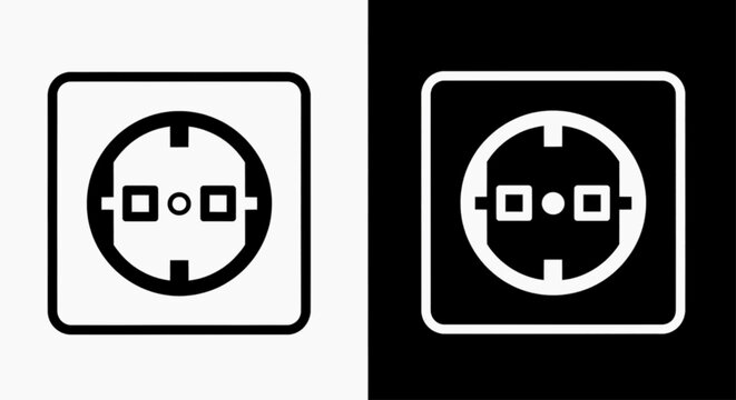 Vector illustration of set of two electric socket icons, black and white power outlet symbols on a transparent background