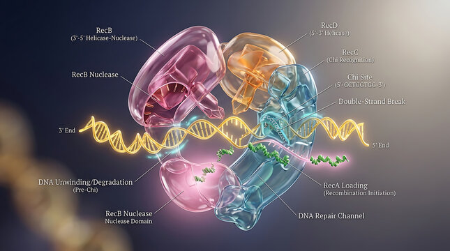 Premium Effulgent Transparent Bacterial RecBCD Helicase-Nuclease Cutaway Molecular Biology Visualization with Double-Strand Break Processing and Recombination