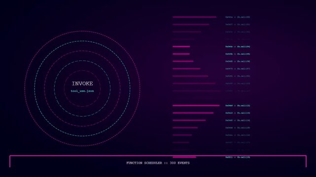 a complex function calling interface shows evolving data logs as flickering digital rings illuminate the dark purple screen during a simulated terminal processing sequence for analytics