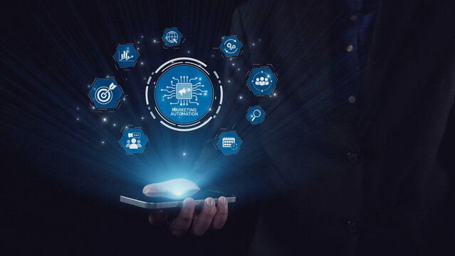 Marketing automation diagram showcase AI-driven campaign workflow, highlight marketing automation, data-driven strategy, marketing automation tools, and market automation process in business. Elide