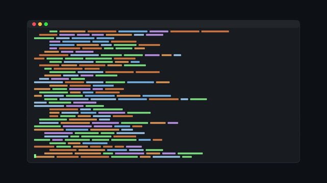 Animated programming code terminal window with scrolling software development script for tech backgrounds animation 4k