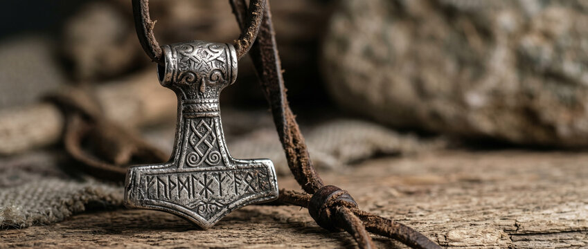 Silver Mjolnir pendant with Viking runes on leather cord against rustic wooden background. Thor hammer amulet representing Norse mythology, Viking culture history and ancient jewelry.