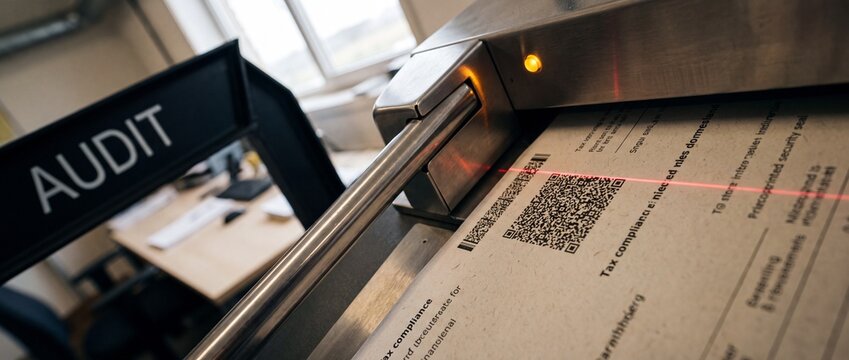 Tax compliance document scanning process during financial audit showing laser scanner reading QR code for electronic data verification, security, and record keeping in modern corporate office.