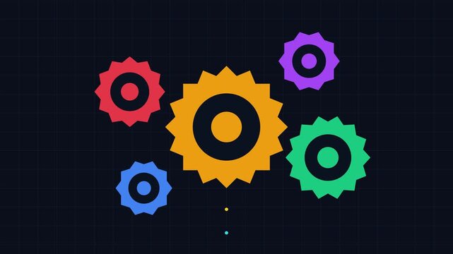 Colorful rotating gears animation: abstract business concept for teamwork, strategy, and mechanical efficiency 4k
