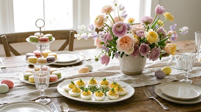 Macarons and deviled eggs are arranged on a rustic dining table decorated with a spring flower centerpiece for an elegant brunch celebration.