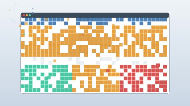 Digital data sorting and loading animation: colorful pixel blocks organizing into organized grid patterns for tech interface 4k