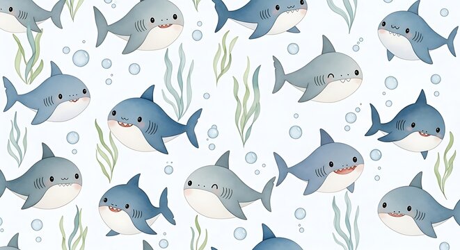 Cute cartoon sharks underwater seamless pattern with bubbles and seaweed