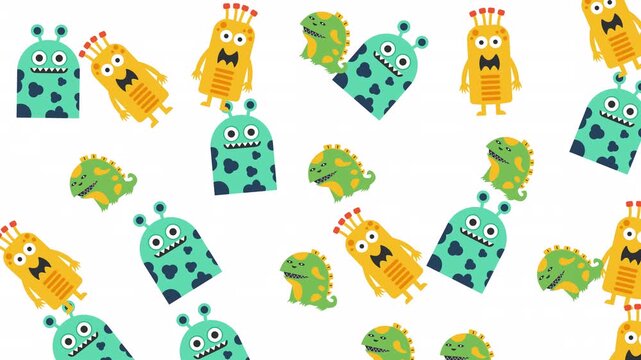 Colorful, playful pattern featuring yellow, orange, green, and blue cute monstersaliens. Suitable for childrens books, stationery, decor, and apparel design.