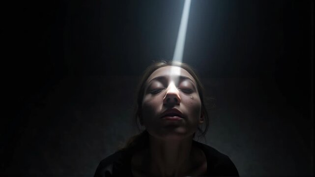 A woman is seen looking up towards a light source with an expression of surprise or concern on her face. The setting appears to be a dimly lit space with a window allowing natural light to enter.