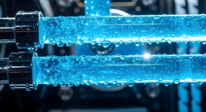 Close up macro view of high performance computer liquid cooling pipes with blue coolant and water droplets showing advanced custom hardware
