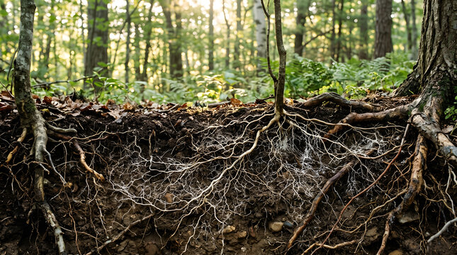 Panoramic underground ecosystem illustrating biodiversity, fungal symbiosis, soil regeneration and forest resilience for climate communication.