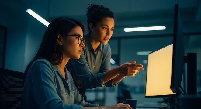 Two dedicated female software developers collaborating together while working late at night in a modern office looking at a bright computer screen