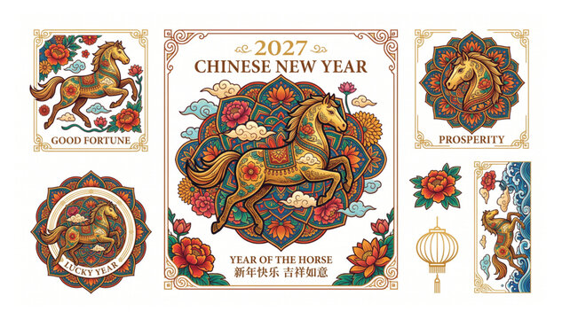 Vector collection of 2027 chinese new year graphics with golden horses flowers and traditional asian decorative elements horoscope festival traditional greeting decoration celebration