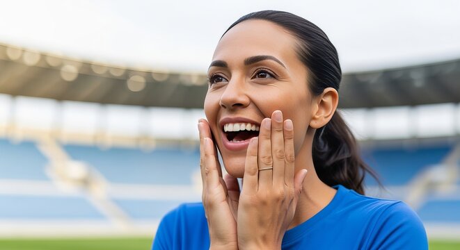 Excited Female Soccer Fan Celebrating during Match Victory in a Large Outdoor Sports Stadium Area