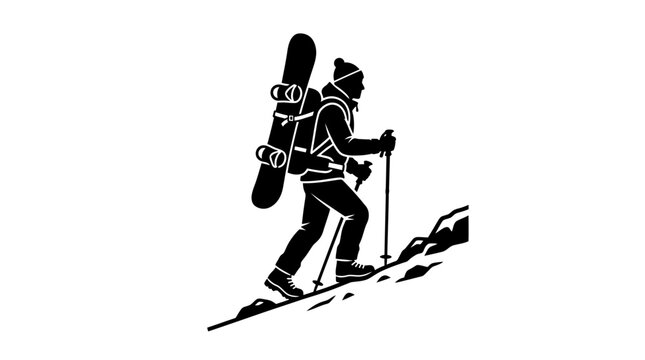 Black and white silhouette of a snowboarder hiking uphill with a snowboard.