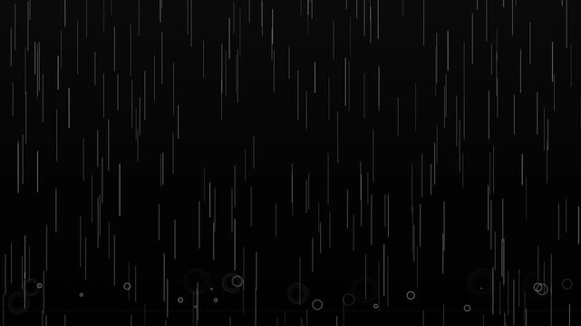 Heavy rain falling overlay with water ripples on animation 4k black background, for motion and compositing