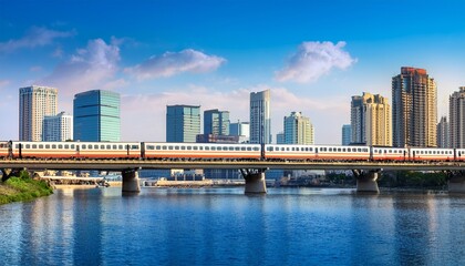 Obraz premium train traveling along river with city skyline background