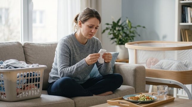 Mother feeling guilty, Tiny baby sock in hands, Sleeping baby nearby, Untouched meal and laundry, Postpartum emotional portrait