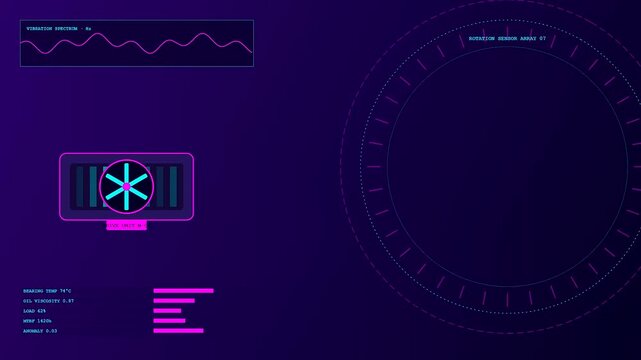 A digital predictive maintenance interface monitors rotating machinery with flickering neon violet circular graphs and real time sensor wave data displays on a dark purple screen