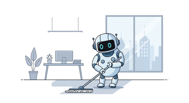 Cute Robot Janitor Cleaning Modern Office Floor Vector Illustration of AI Automation in Service Industry