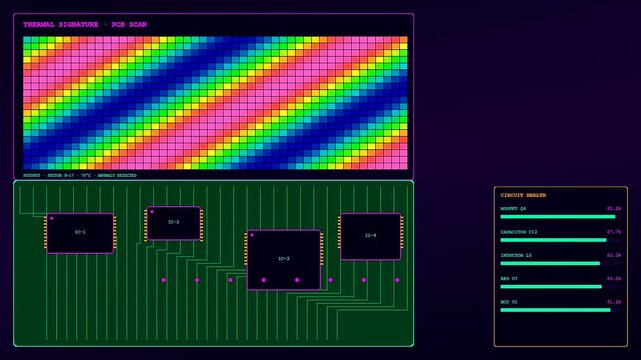 A digital predictive maintenance interface monitors circuit board health through glowing colorful thermal sensor grids shown on multiple computer screens within a dark virtual laboratory workspace