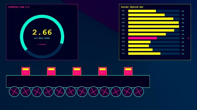 Industrial predictive maintenance dashboard displays real time belt speed metrics and roller tension analysis with dynamic yellow graphs and neon circular monitors on a digital screen