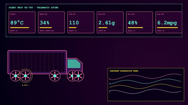 A digital predictive maintenance interface monitors heavy fleet vehicular performance metrics with flowing wave charts and animated rotating wheel icons on a dark purple screen display