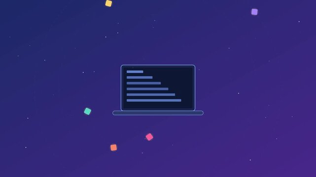 Minimalist laptop computer animation with floating abstract shapes and data loading lines for tech and digital business presentations 4k