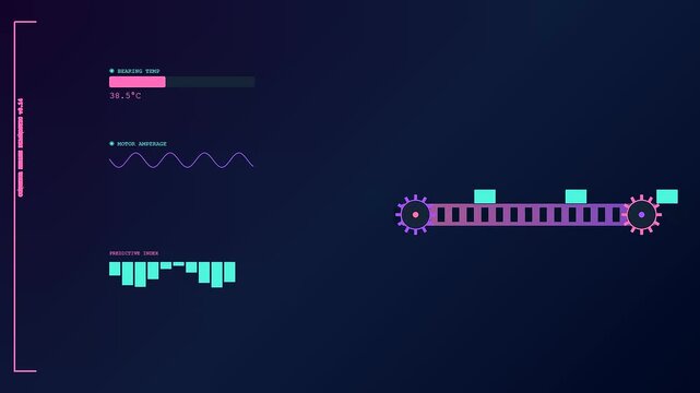 Industrial predictive maintenance dashboard animation showing a moving conveyor belt system with thermal sensor monitoring data and fluctuating motor power levels in a dark blue digital interface