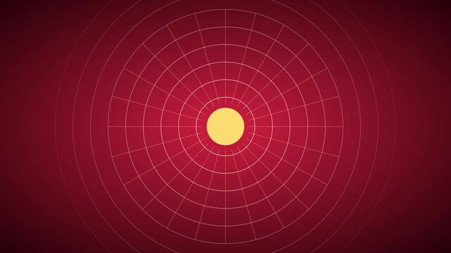 Minimalist red radial grid animation 4k background, with pulsing yellow, center point abstract, circle