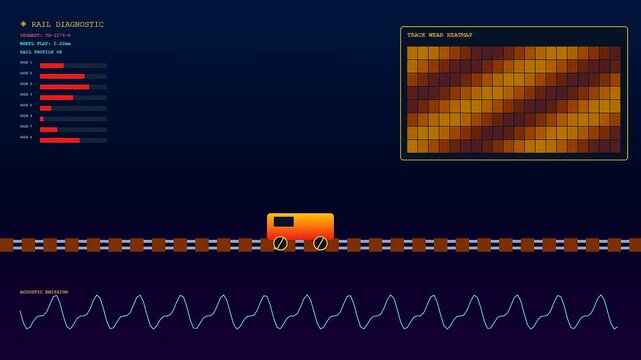 Predictive maintenance monitoring systems scan railway tracks showing real time locomotive movement with animated diagnostic data graphs and heat map visualizations on a dark blue screen interface
