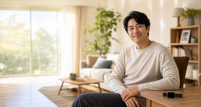 A person with a warm, approachable vibe wearing a generic smartwatch in a sunlit living room; themes of digital healthcare and remote wellness; includes copy space