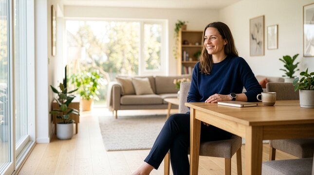 A person with a warm, approachable vibe wearing a generic smartwatch in a sunlit living room (remote wellness, copy space included)