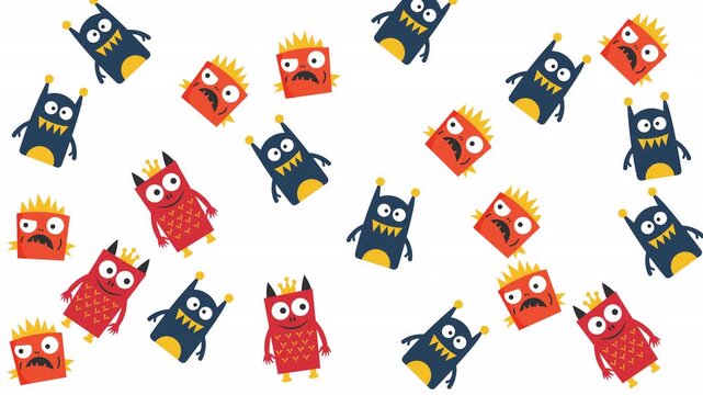 Multiple dark blue monsters and many orange fry box characters create an engaging pattern background suitable for childrens products.