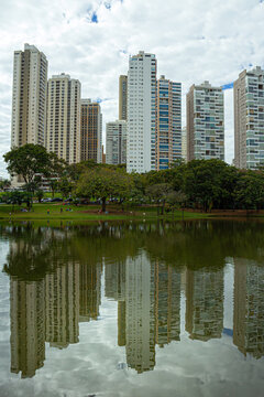 Imagem vertical do Parque Flamboyant em Goiania, mostrando o lago com bosque e pr&eacute;dios ao fundo.