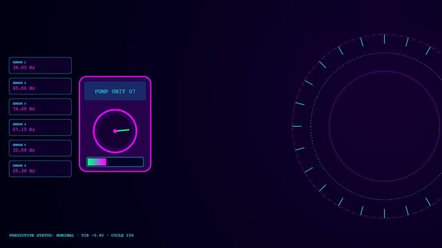 Digital displays showing predictive maintenance interface for industrial pump units featuring real time sensor data feedback loops and circular graphical elements in a dark purple environment