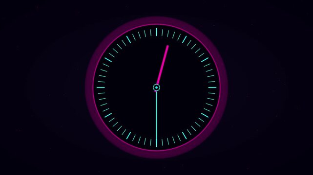 Neon digital clock face animation with rotating hands for time management and countdown concepts 4k