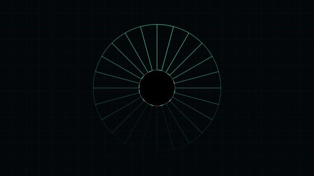 Neon digital loading circle animation with glowing radial grid lines 4k