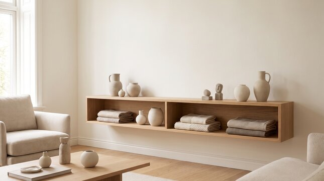 Minimalist interior design with neutral beige ceramic vases and folded towels on a wooden floating shelf