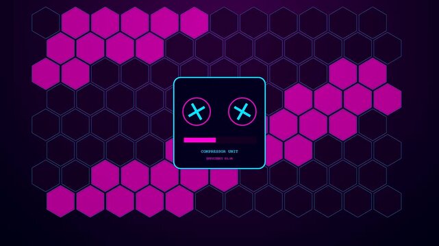 A predictive maintenance display with three sequential frames showing active hexagon grids switching light patterns and interface symbols over a deep dark digital violet screen surface