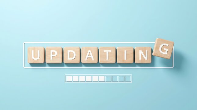 Wooden Blocks Representing Digital Software Update Progress Concept on Light Blue Background
