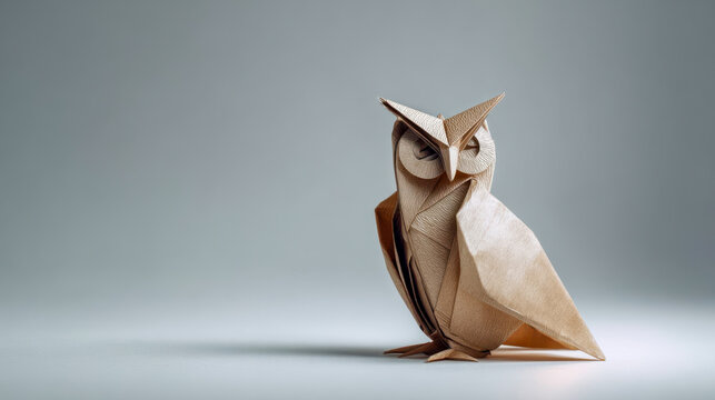 Minimal owl visual concept made of origami paper sits on a flat surface in a light setting
