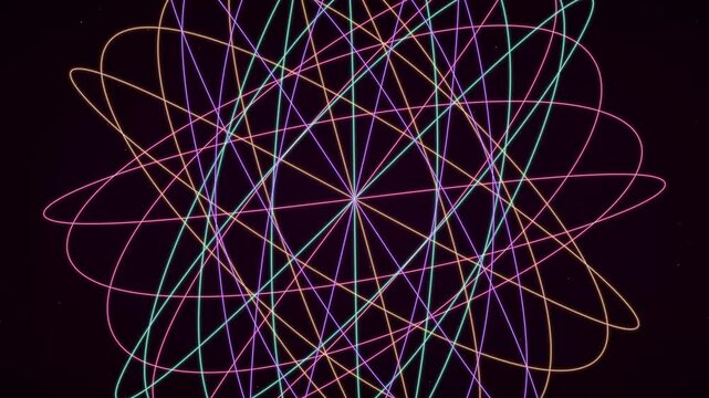 Neon geometric spirograph pattern rotating in dark space: abstract psychedelic motion animation 4k background