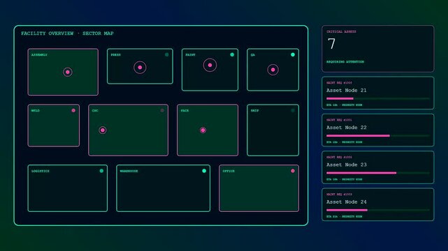 a predictive maintenance dashboard interface displays flickering data boxes and neon status indicators on a dark glowing grid monitor to monitor factory asset performance flow