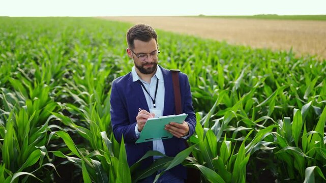 Business professional inspecting crop conditions in a corn field with paperwork, symbolizing agricultural loans, farm financing, crop value and rural business analysis.